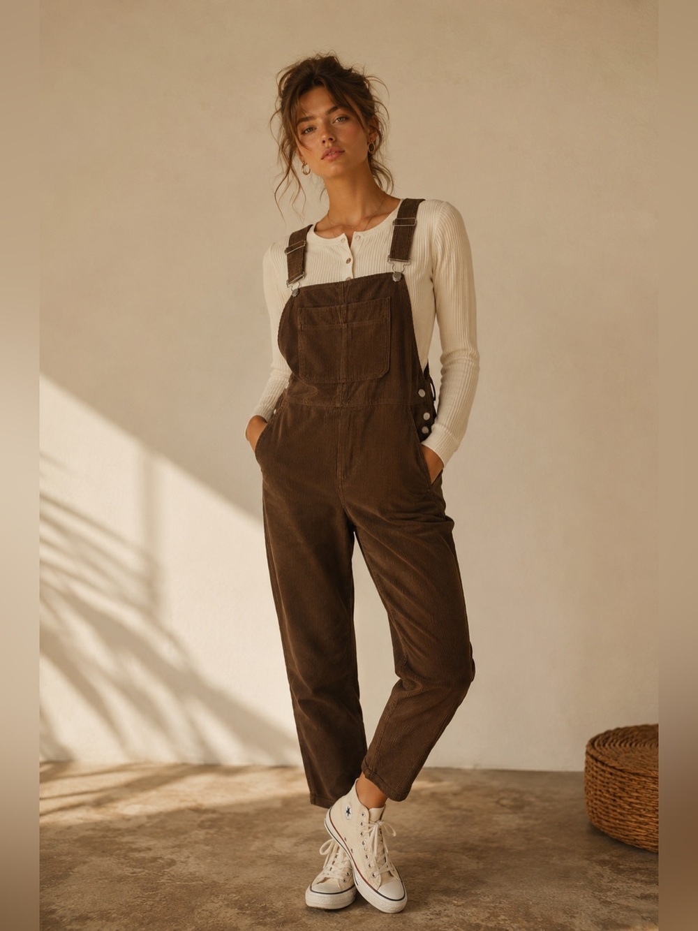 Brown Corduroy Overalls Bib Jumpsuit Utility Pocket Vintage-Inspired